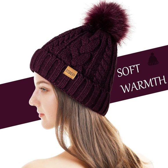 Womens Winter Warm Fleece Lined Knitted Soft Ski Cuff Beanie Hat with Pom Pom - Picture 3 of 6